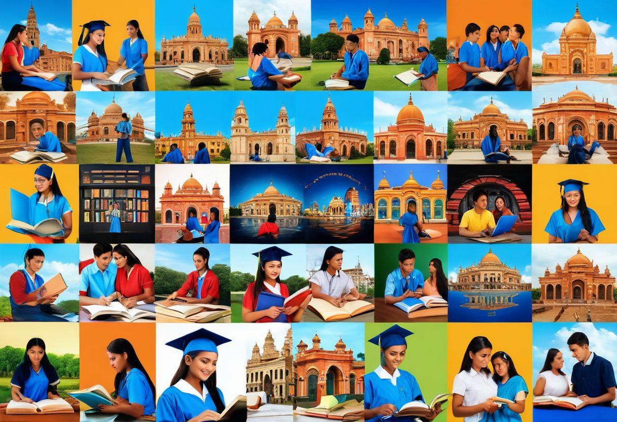 A vibrant collage depicting a diverse group of higher secondary students engaged in various study activities, featuring books, a computer with educational resources, and the iconic landmarks of West Bengal in the background. Include elements symbolizing success such as graduation caps and open doors, filled with bright colors. super-realistic. vibrant colors. educational theme.