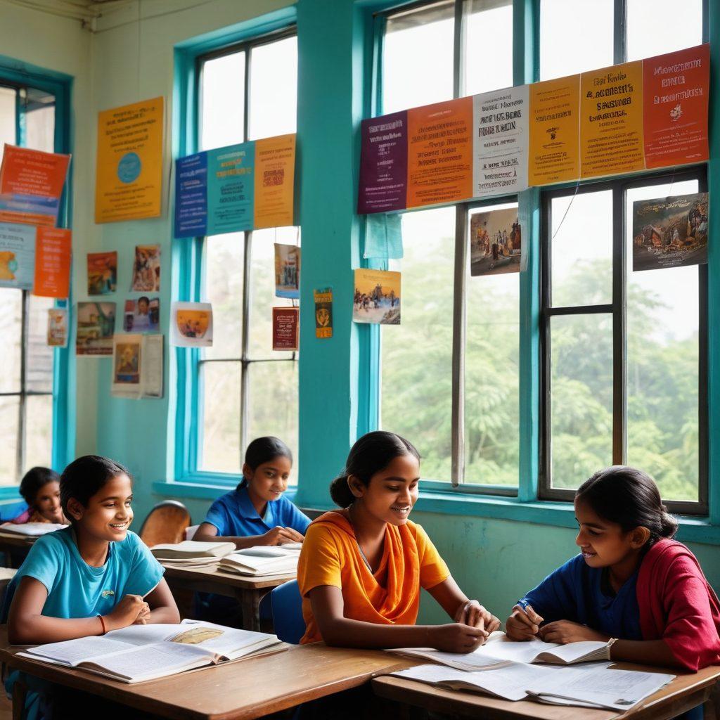 A diverse group of students enthusiastically engaging with various educational resources, including books, laptops, and tablets, set in an inspiring classroom environment. Bright posters showcasing themes like empowerment and learning hang on the walls, with natural light streaming through large windows, symbolizing hope and knowledge. Include elements representing the West Bengal Education Board, such as a logo or emblem subtly integrated into the design. vibrant colors. super-realistic. inspirational.