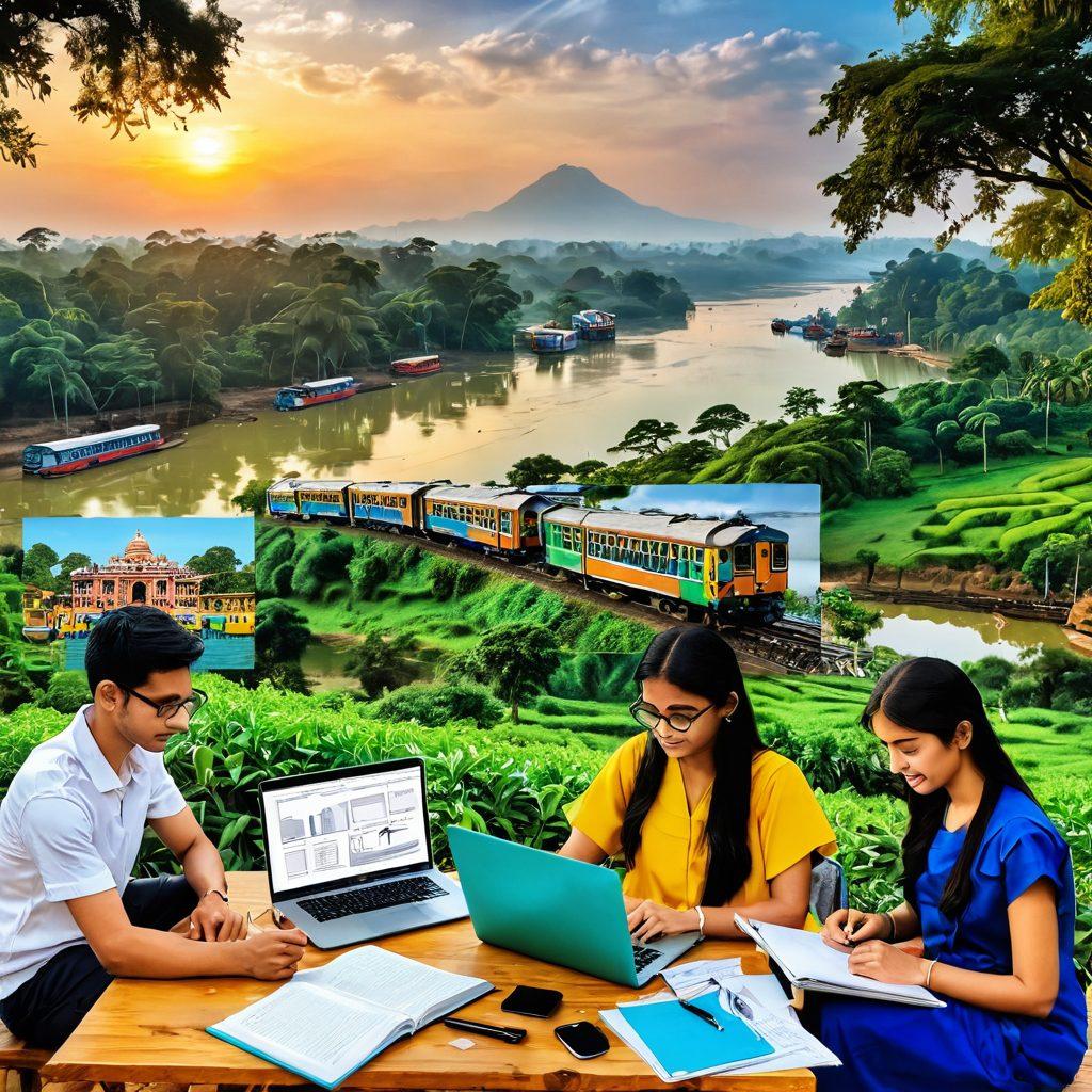 A vibrant collage showcasing students studying with various tools like laptops, textbooks, and notebooks surrounded by a scenic backdrop of West Bengal's iconic landscapes, such as the Hooghly River and lush tea gardens. Include elements representing academic success, like a graduation cap and a checklist of strategies. Bright colors and a dynamic composition to evoke motivation and positivity. vibrant colors. super-realistic.